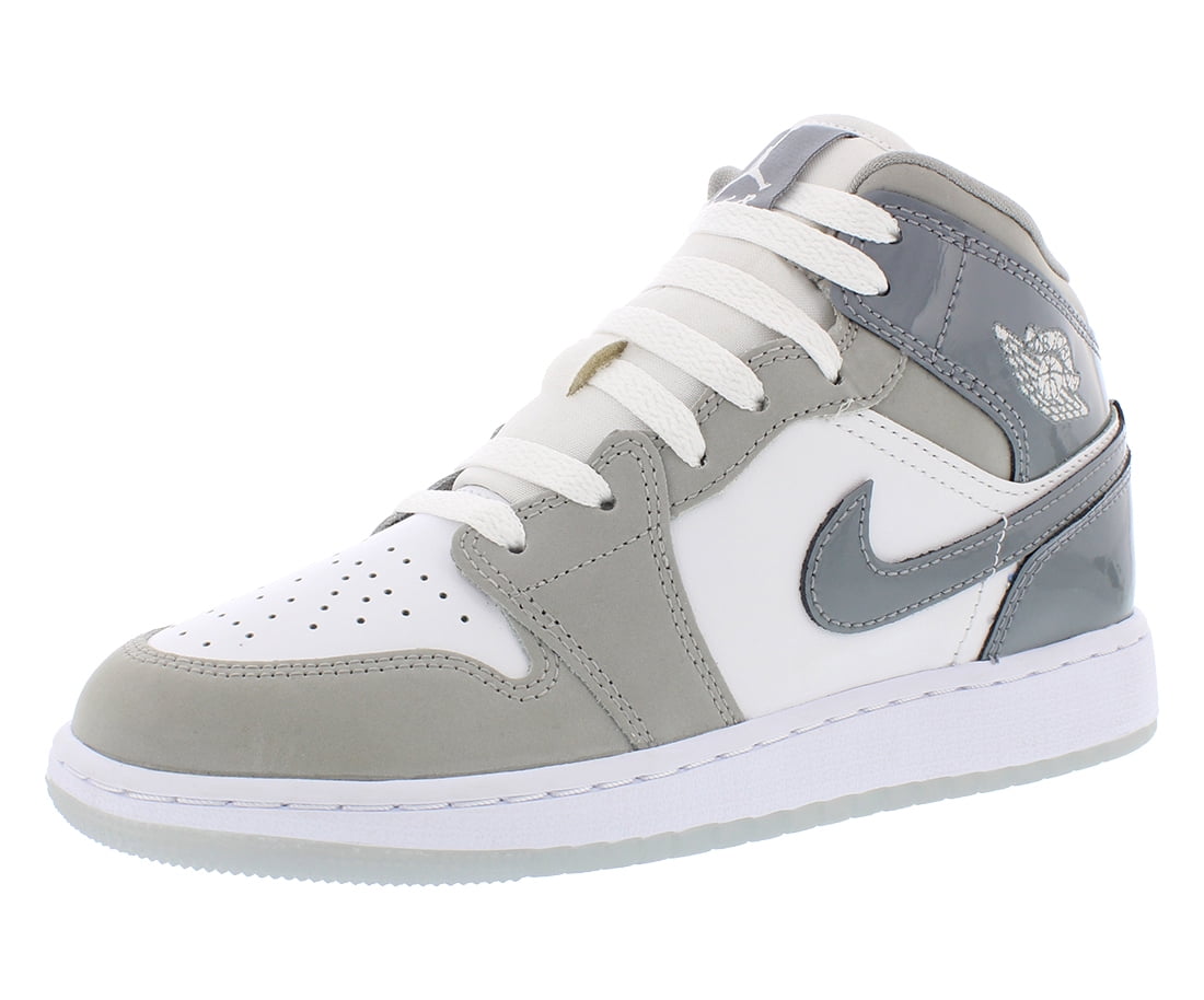 Nike Air Jordan 1 Mid SE Leather GS Boys Shoes Size 6.5, Color: White/Cool Grey/Medium Grey